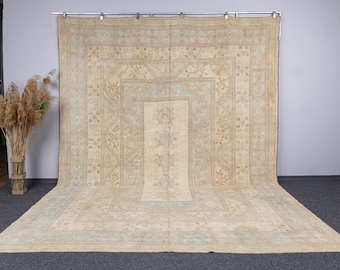 Tappeto vintage extra large morbido e dai colori tenui, 11,1x13,6 cm, tappeti turchi per soggiorno nei colori beige e blu, 11x14 cm, tappeti antichi unici del Medio Oriente, 11x16 cm.