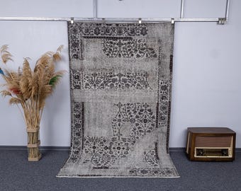 5.2x8.8 Vintage Handwoven Turkish Oushak Rug, 5x9 Gray White Wool Rugs, 5x9 Anatolian Neutral Low Pile Carpets