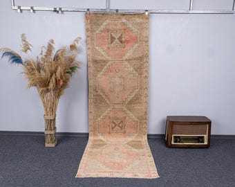3.3x10.3 Vintage Turkish Hand-knotted Wool Hallway Runner, 3x10 Boho Tribal Neutral Stairs Carpet