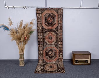 3.2x9.1 Vintage Turkish Wool Runner Rug: 3x9 Soft Neutral Colors, Entryway Stairs Carpet