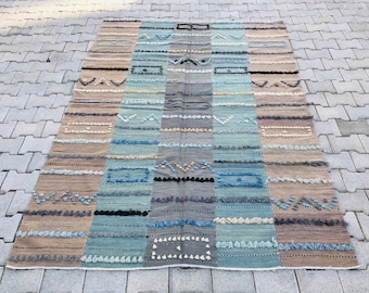 6x8 Vintage Kilim Rug, 5'7''x 7'8'' Feet, Turkish Kilim Rug, Turkish Ponpon Rug, Anatolian kilim,Boho Decor rug,Bohemian Pastel Kilim Rug
