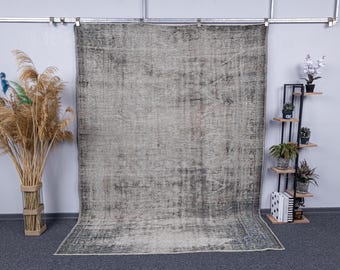 7x9 Vintage Gray Turkish Area Rug, 6.6x8.8 Faded Wool Carpet, 1950s Anatolian Design