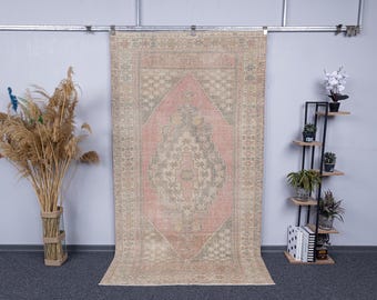 4.6x8.3 Vintage Oushak Rug, 5x8 Muted Pink Wool Turkish Area Carpet, 1970s Retro Design