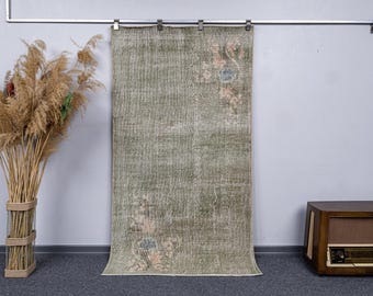 3.5x6.5 Handmade Vintage Turkish Rug, Neutral Green Wool Entryway Homedecor Carpet, Muted Anatolian Style