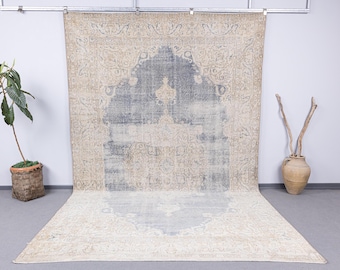 7x11 Vintage Rug, Faded Turkish Rug, Antique Handmade Rug, 7x11