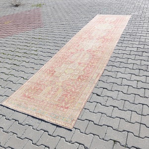 3x13 vintage Oushak Long Turkish Runner, Vintage Style Carpet, 3x13 feet Runner, pink Modern Rug, Pink and beige Rug, 3x13 Runner rug