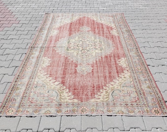 6x8 Vintage Anatolian Wool Rug, Bohemian Oushak Style, 5.7x7.9 Feet