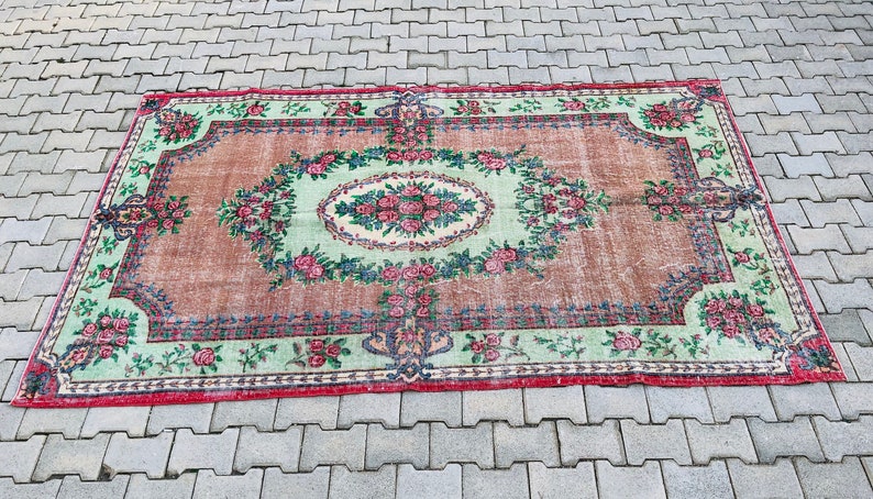 Turkish Decorative Area Rug 5.7 x 8.9 Feet Vintage Rug Oushak Rugs Bohemian Rug Floral Vintage Wool Rug Nomadic Rug Handwoven Rug image 3