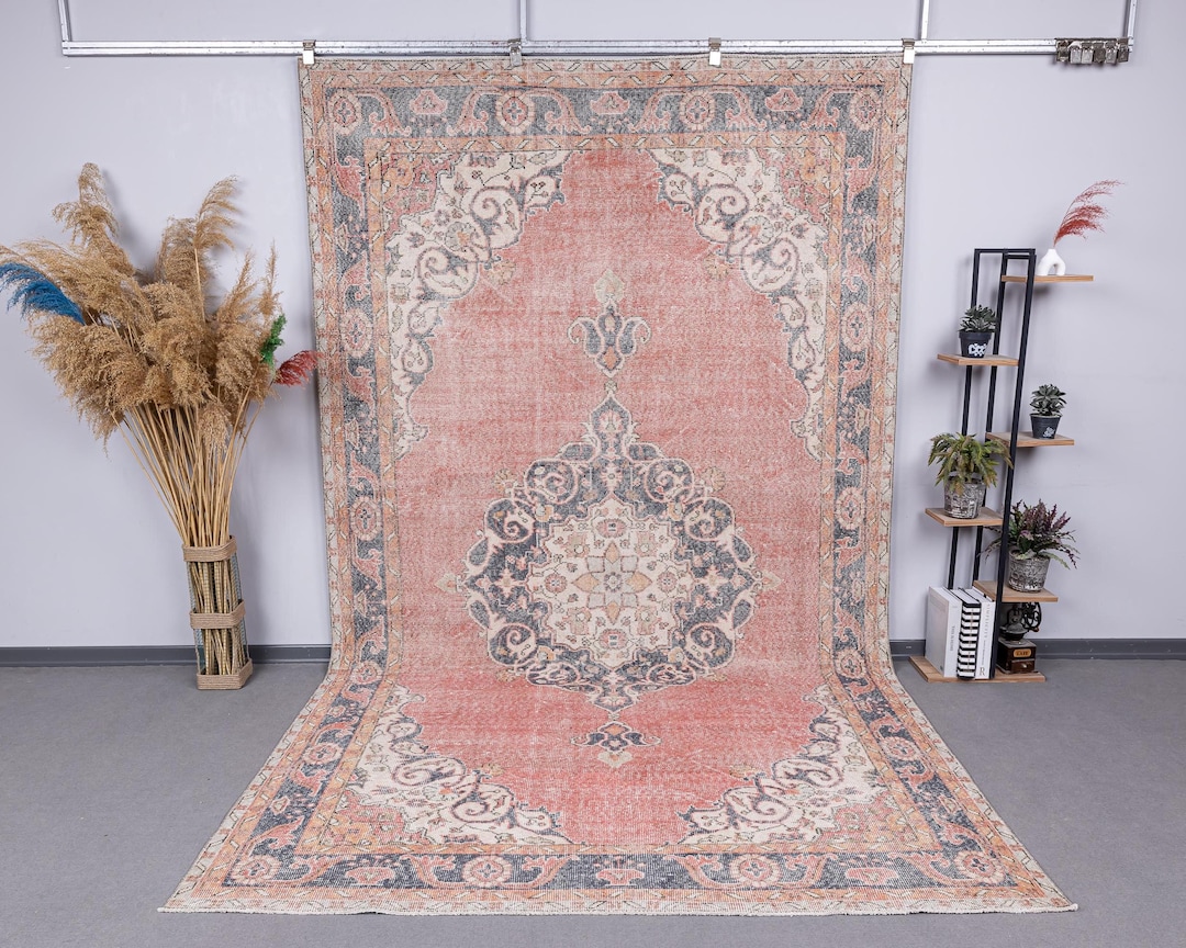 6.5x11.2 Turkish Area Pink Gray Vintage Rug, 7x11 Oversize Bedroom ...