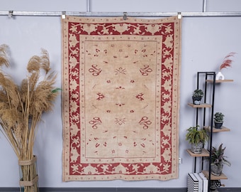 4.5x6.2 ft Handmade Oushak Wool Rug, 5x6 Square Beige Pink Vintage Carpets