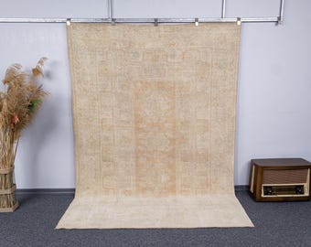 6.5x9 Beige Vintage Square Turkish Rug, 7x9 Oversize Handmade Wool Area Modern Soft Carpet