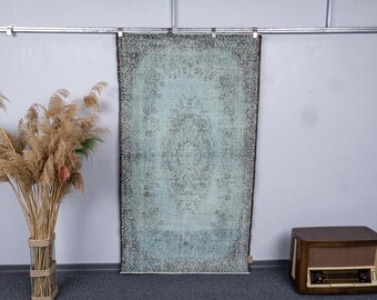 4x7 Vintage Turkish Wool Soft Texture Rug, 4x7 Handmade Turquoise Black Color Pattern Carpet