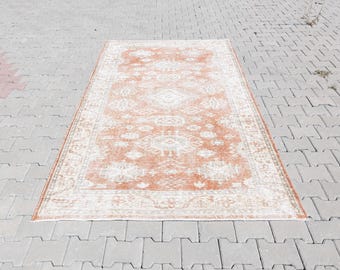 5x8 Handwoven Wool Rug, Beige Orange Anatolian Boho Carpet (5.1x8.5 ft)