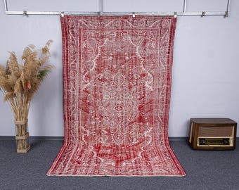 6x10 Red White Area Handmade Wool Rug, 6x10 Oversize Vintage Turkish Homedecor Bohemian Carpet