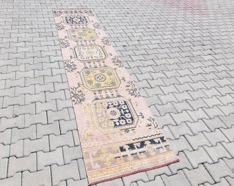 2x11 Vintage Turkish area Runner, 3x11 Pinkish Oushak Long carpets, Low Pile (2.5x11.1 ft.)