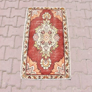 Red Pastel Doormat Rug,2x3 Turkish Doormat Rug,Bohemian Rug,Wool Doormat Carpet,Oushak Small Rug,Vintage Small Rug,Anatolia Rug,Bath Mat Rug