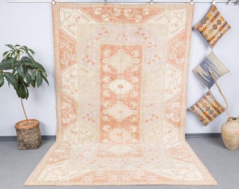 6.7x10.3 Oversize Hand Knotted Anatolian Wool Rug, 7x10 Vintage Oushak Style Modern Soft Carpets