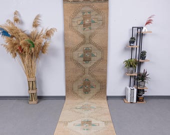 2.7x11.6 Handmade Natural Wool Turkish Runner, 3x12 Beige Brown Vintage Kitchen Hallway Carpet