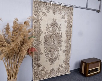 3.9x6.6 Vintage Turkish Muted Beige Area Rug: 4x7 Handmade Wool Neutral Homedecor Carpet