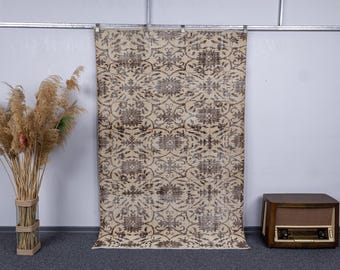 4.8x7.4 Vintage Turkish Rug: 5x7 Antique Oushak Beige Brown Area Rugs, 5x7 Hand Knotted Wool Neutral Carpet