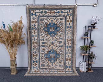 Hand Knotted Wool Oushak Rug, Blue Brown Geometric Distressed Carpet (5.3x8 Ft)