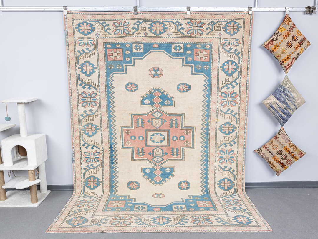 7x9 Vintage Turkish Oushak Rug 7x9 Feet, Handmade Pastel Beige Blue ...