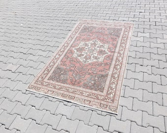 Vintage Turkish Wool Rug, Pink Gray Traditional Design, 3.9x6.6 Ft