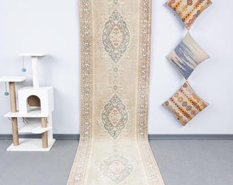 2.9x11.5 Oushak long Antique modern Runner rug, 3x11 Natural Soft Rugs, 3x12 Turkish Vintage Muted Carpets