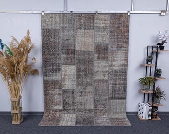 6x8 Vintage Patchwork Area Rug, 5.6x7.8 Gray Bohemian Turkish Carpet