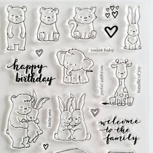 Silikon Stempel Kindergeburtstag Tiere, Silikonstempel Bär Hase, transparentes Stempelset Katze, Giraffe Elefant Scrapbooking basteln