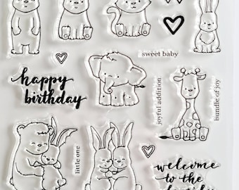 Silikon Stempel Kindergeburtstag Tiere, Silikonstempel Bär, Clear Stamps Hase, transparentes Stempelset Katze, Giraffe Elefant Scrapbook