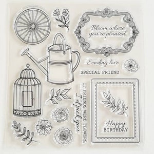 Silikon Stempel Garten, Silikonstempel Pflanzen Vogelkäfig Blumen , Geschenk Gärtnerin, transparentes Stempelset, Scrapbooking Gießkanne
