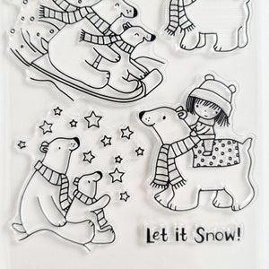 Silikon Stempel Weihnachten, Clear Stamps Eisbär, Xmas Stempel, Stempelset Advent, Mütze Schal Winterpulli Stempel, Winterstempel Schlitten