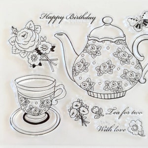 Silikon Stempel Geschirr Teekanne, Silikonstempel Tea Time, Clear Stamps Tee Cupcake, Geschenk Teetrinker, transparentes Stempelset Teetasse