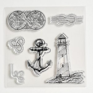 Silikon Stempel Weltkugel, Clear Stamps Leuchtturm Anker, Vintagestempel Meer, Stempelset Seemannsknoten Seil, Silikonstempel Maritim
