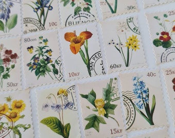 Aufkleber retro Botanik, Vintage Sticker Briefmarken, Pflanzensticker, Kalenderdeko Blumen, Scrapbooking Deko, botanische Zeichnungen