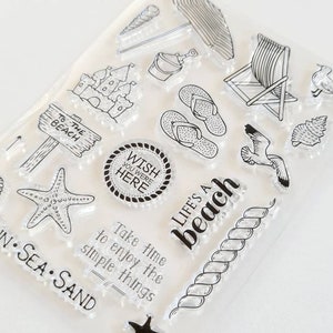 Silikon Stempel Strand, Clear Stamp Muschel Seestern, Vintagestempel Meer Sonnenschirm, transparentes Stempelset Urlaub, Silikonstempel Möwe