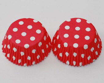 Muffinförmchen Punkte rot, Papierbackförmchen gepunktet, Retro Backförmchen, Papierförmchen Polka Dots, Rockabilly Deko, 50 Stück