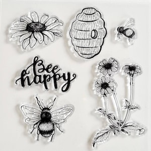 Silikon Stempel Bienen, Silikonstempel Bienenkorb, Clear Stamp Bee Happy, transparentes Stempelset Blumen, Tierstempel Insekten Sonnenblume