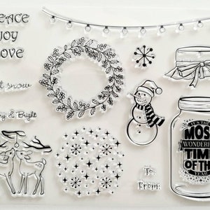 Silikonstempel Weihnachten, Clear Stamps Schneemann Reh, Xmas Stempel Lichterkette, Stempelset Advent Schneeflocken