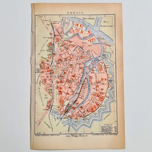 1903 Danzig Lithographie, Historische Karte Preußen, Landkarte Farblithografie Brockhaus, Druck Meyers Konversations-Lexikon Stadtkarte