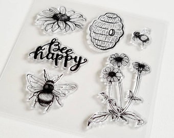 Silikon Stempel Bienen, Silikonstempel Bienenkorb, Clear Stamp Bee Happy, transparentes Stempelset Blumen, Tierstempel Insekten Sonnenblume