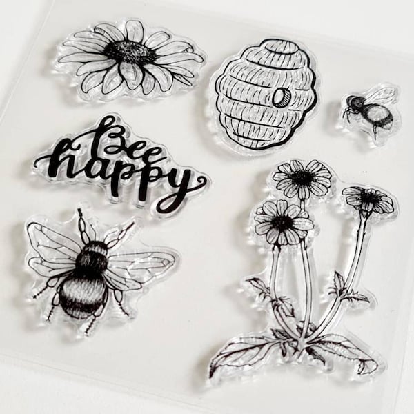 Silikon Stempel Bienen, Silikonstempel Bienenkorb, Clear Stamp Bee Happy, transparentes Stempelset Blumen, Tierstempel Insekten Sonnenblume