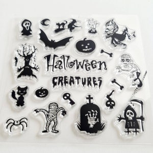 Silikon Stempel Halloween, Silikonstempel Katzen, Clear Stamps Kürbis, Kalenderdeko Hexe, transparentes Stempelset Spinne, Sensenmann