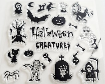 Silicone stamp Halloween, silicone stamp cats, clear stamps pumpkin, calendar decoration witch, transparent stamp set spider, grim reaper