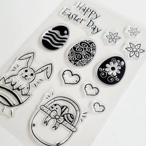 Silikonstempel Ostern, Silikon Stempel Happy Easter, Clear Stamps Osterhase, transparentes Stempelset Osterkorb,  Osterstempel Osterei Hase