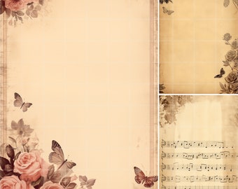 10 PNG Digital scrapbooking paper vintage, scrapbook sheet music notes retro, ephemera 1900 butterfly
