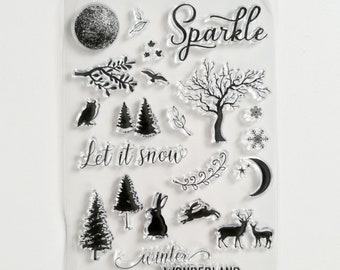 Silikon Stempel Weihnachten, Clear Stamp Rentier, Silikonstempel Tannenbaum, Stempelset Advent, Stempel Mond, Winterstempel Sparkle