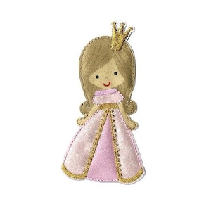 Könnte beinhalten: Eine Filzapplikation einer Prinzessin in einem rosa Kleid und einer goldenen Krone. Die Prinzessin hat braunes Haar und ein lächelndes Gesicht.