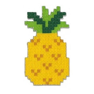 Könnte beinhalten: Eine gelbe Ananas mit grünen Blättern, hergestellt mit Kreuzstich.